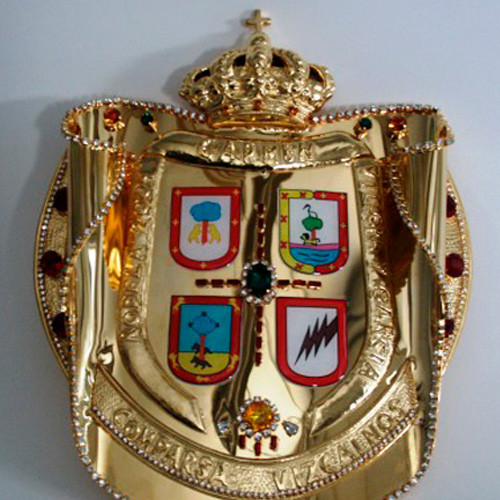Escudo artesanal para rodela de la comparsa Vizcaínos de Petrer, diseñado y fabricado a mano por Juan Lillo Artesano para fiestas de Moros y Cristianos.