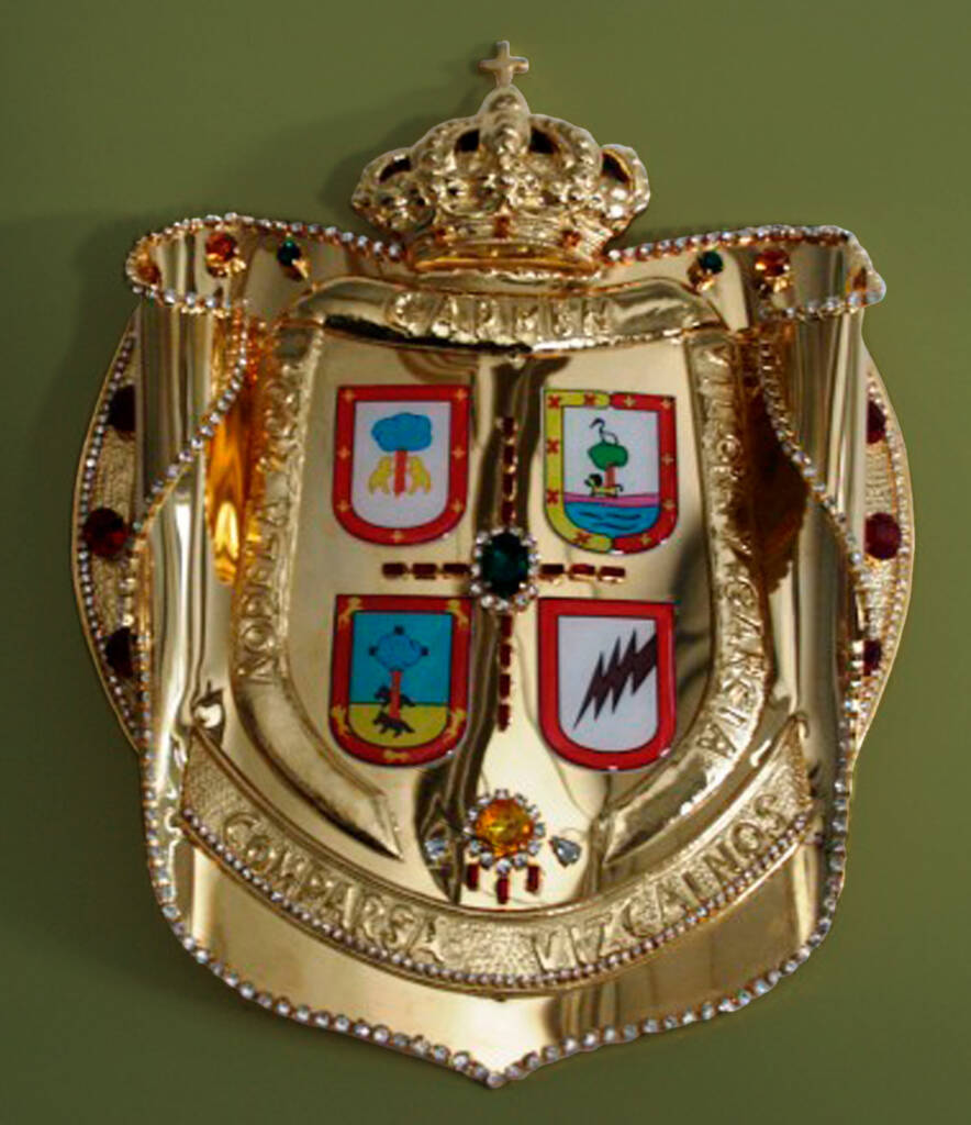 Escudo artesanal para rodela de la comparsa Vizcaínos de Petrer, diseñado y fabricado a mano por Juan Lillo Artesano para fiestas de Moros y Cristianos.